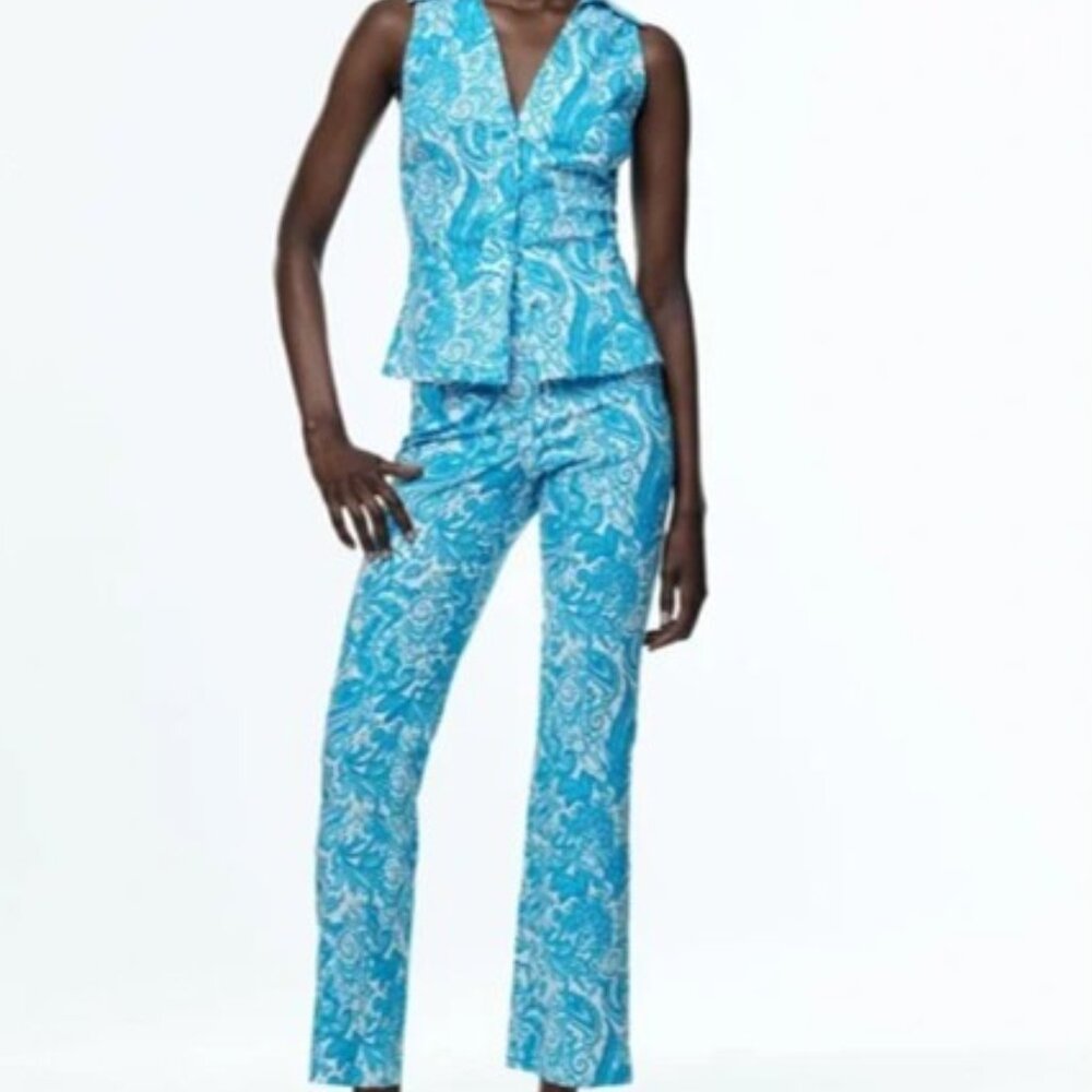 Zara Turquoise Blue & White Sleeveless Paisley Top & Pants Set Sz 4 / Small NWOT